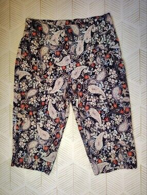 Zoe + Phoebe Boho Paisley Floral‎ Print  Crop Pants - Navy  Multicolor Medium